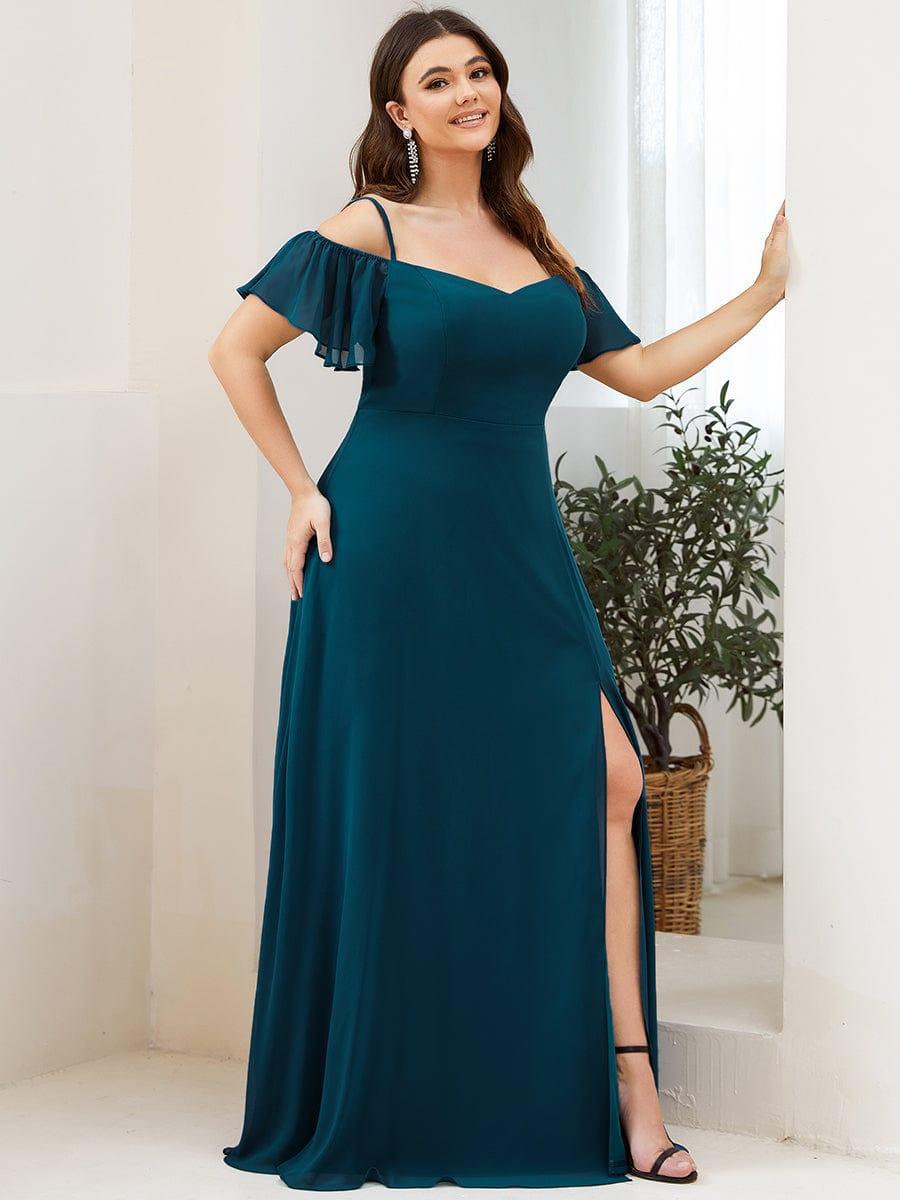 Plus Size Cold Shoulder Formal Bridesmaid Dress with Side Slit #color_Teal