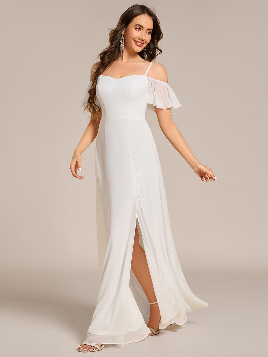 Stylish Cold Shoulder Flare Sleeves Flowy Bridesmaid Dress #color_White