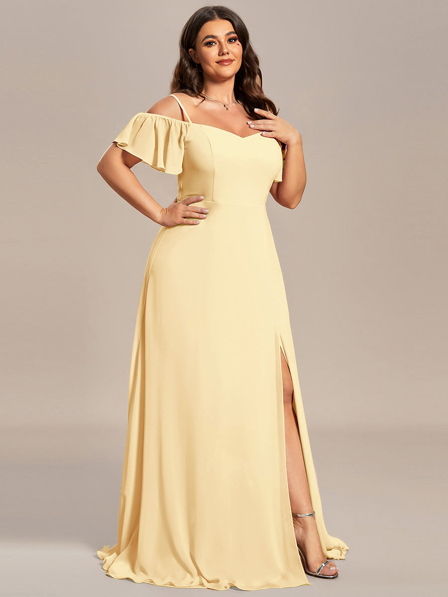 Plus Size Cold Shoulder Formal Bridesmaid Dress with Side Slit #color_Yellow