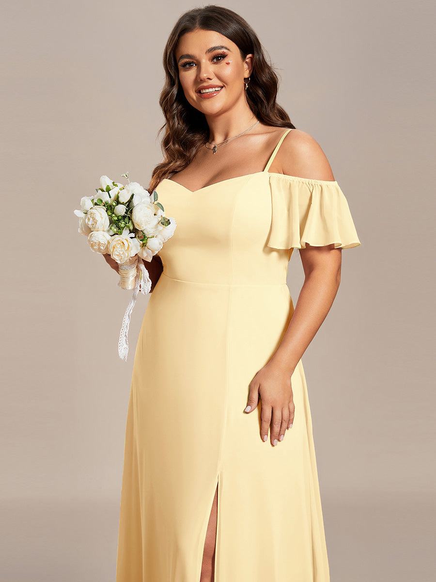 Plus Size Cold Shoulder Formal Bridesmaid Dress with Side Slit #color_Yellow