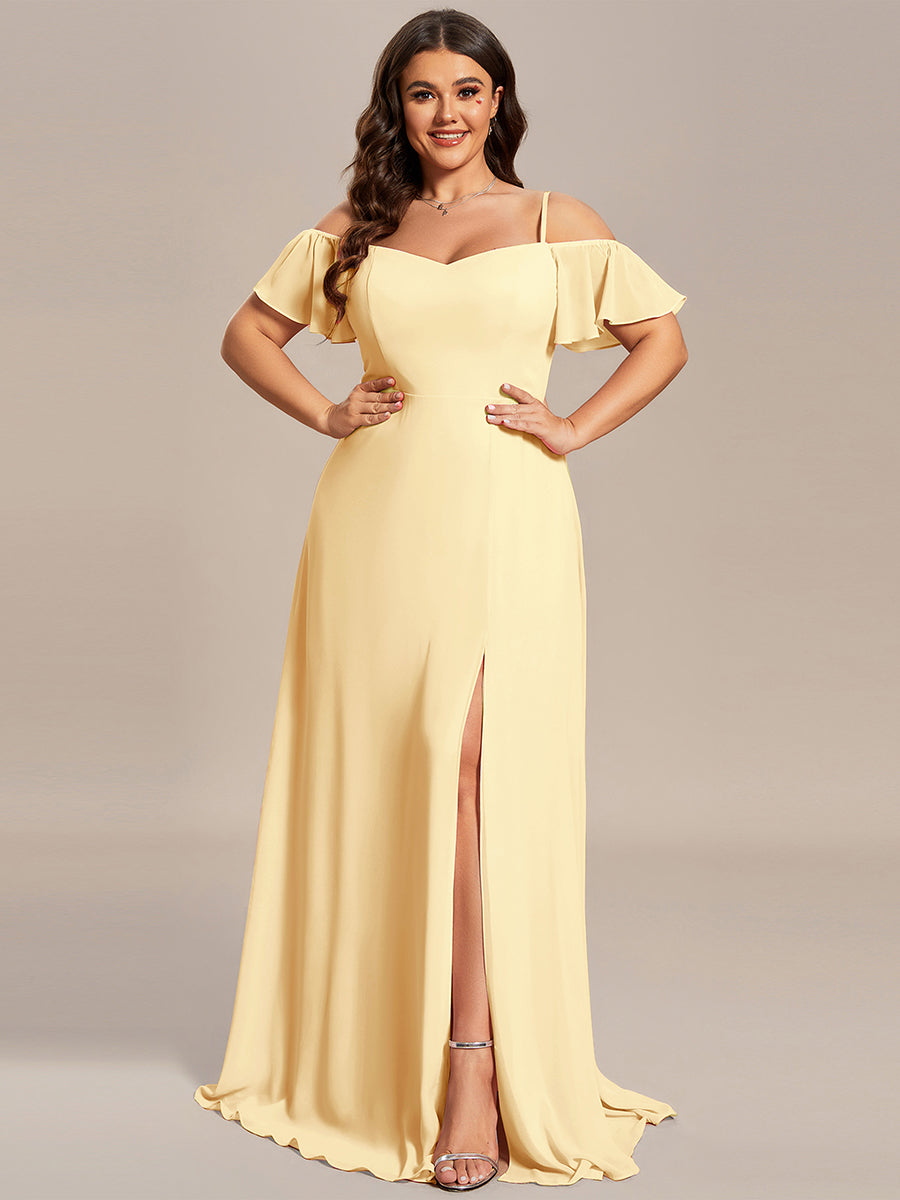 Off Shoulder High Slit Chiffon Flowy Bridesmaid Dress #color_Yellow