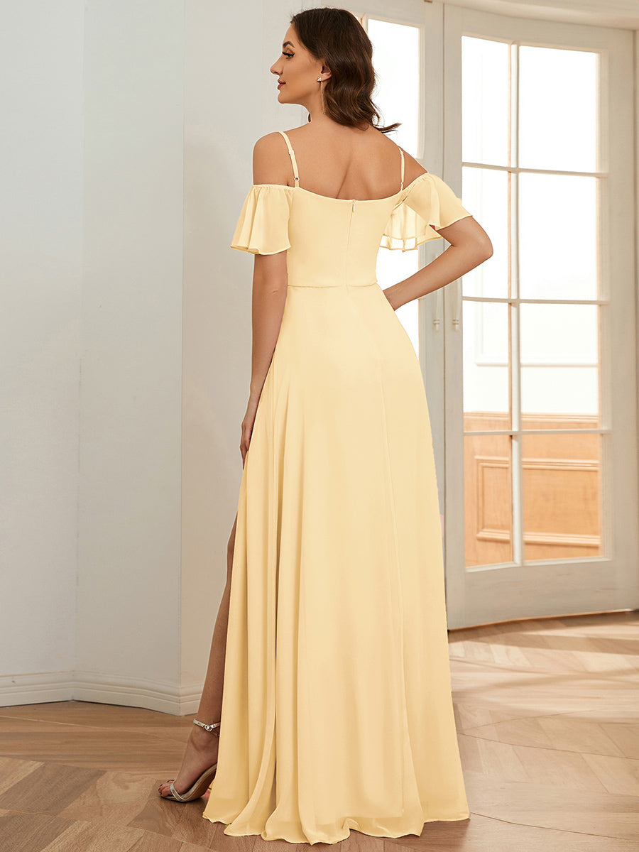 Off Shoulder High Slit Chiffon Flowy Bridesmaid Dress #color_Yellow