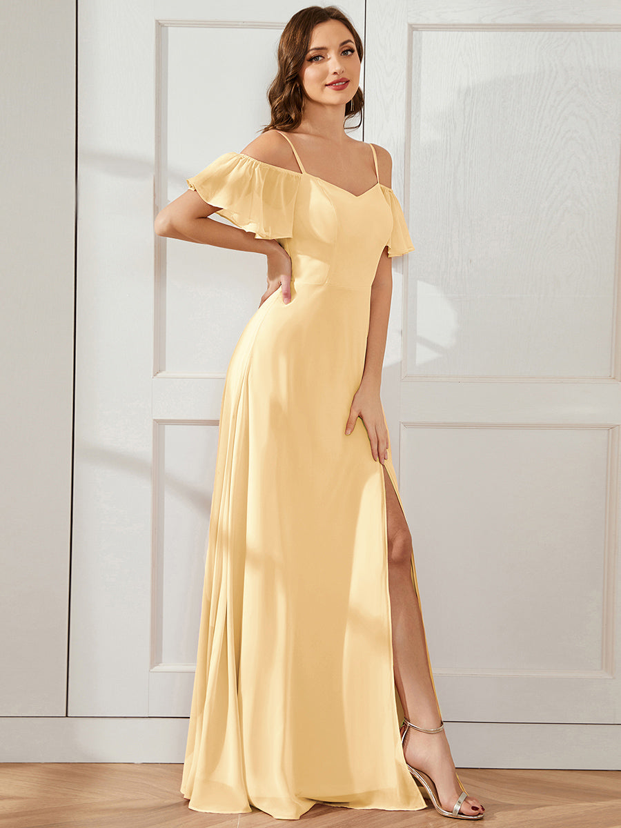 Off Shoulder High Slit Chiffon Flowy Bridesmaid Dress #color_Yellow