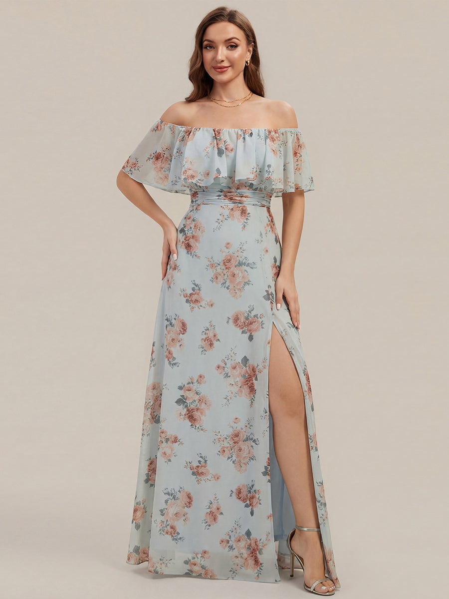 Off the Shoulder Ruffle Bodice Long Flowy Chiffon Bridesmaid Dress #color_Amber Bloom