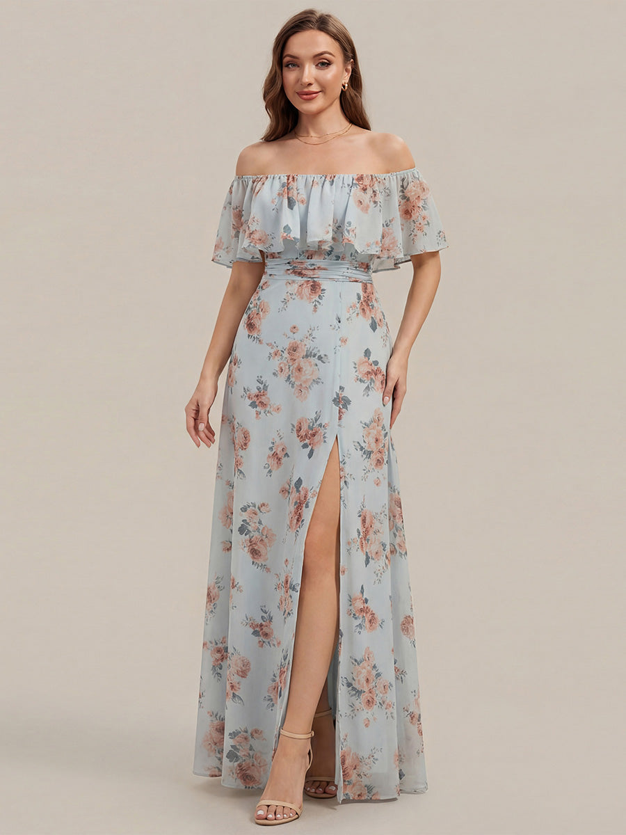 Off the Shoulder Ruffle Bodice Long Flowy Chiffon Bridesmaid Dress #color_Amber Bloom