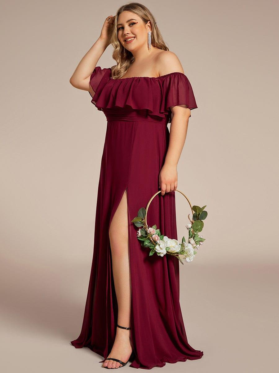 Plus Size Off the Shoulder Formal Bridesmaid Dress with Thigh Split #color_Burgundy
