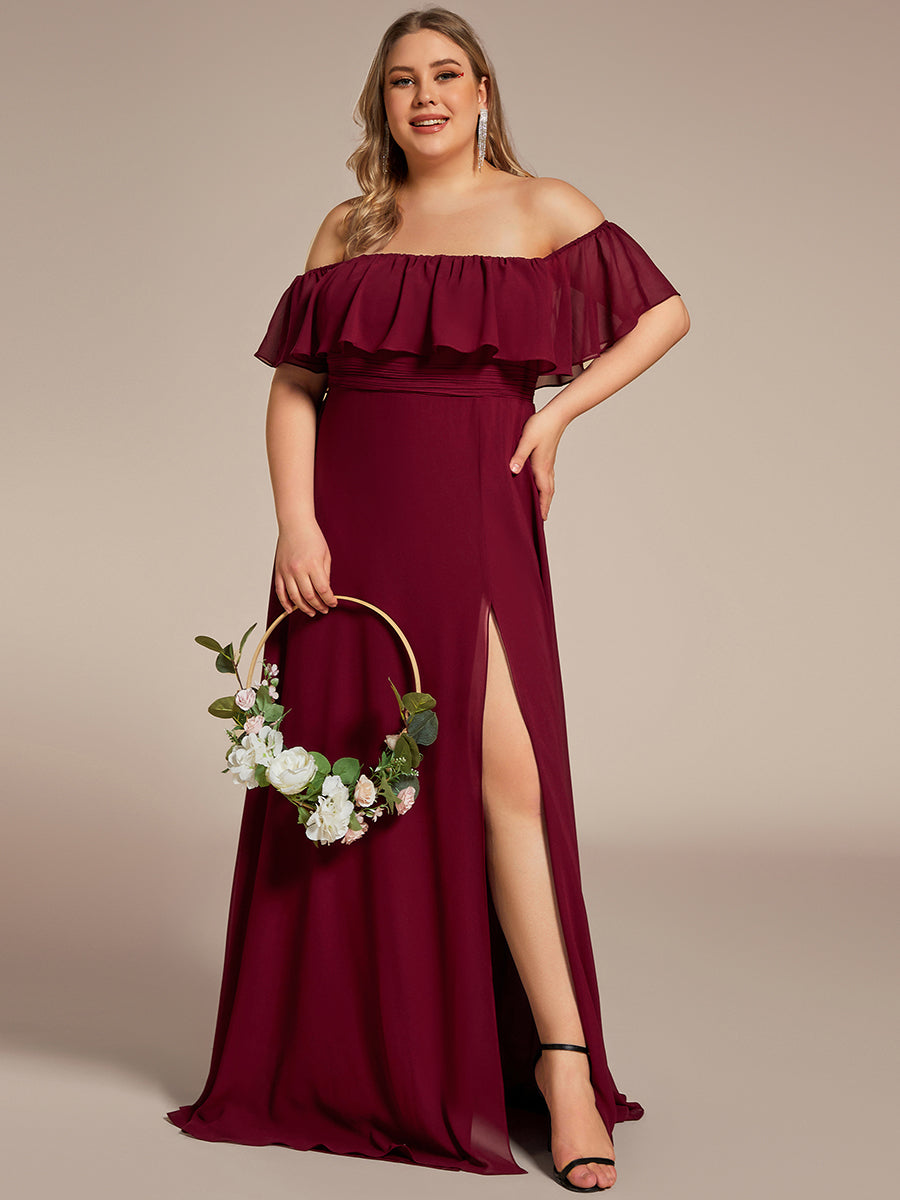 Plus Size Off the Shoulder Formal Bridesmaid Dress with Thigh Split #color_Burgundy