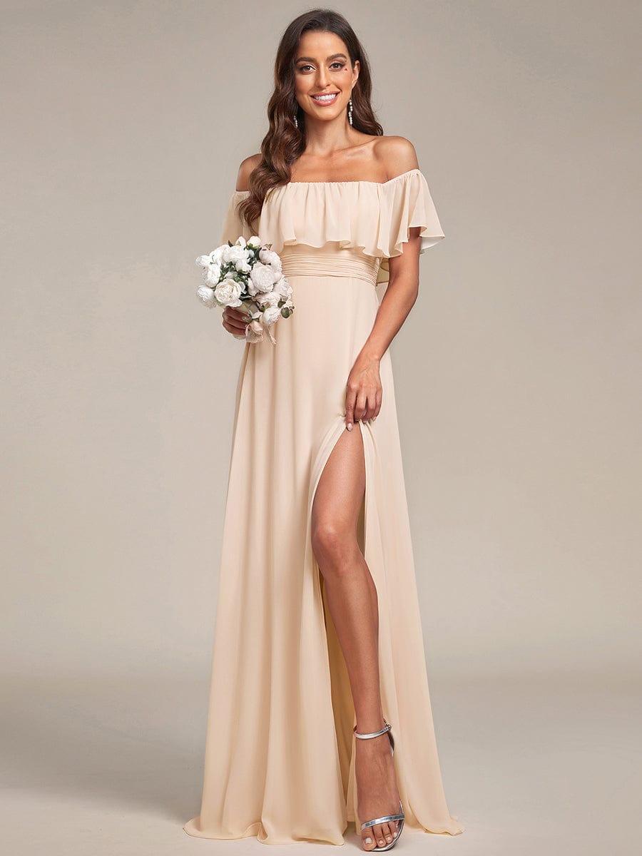 Off the Shoulder Ruffle Bodice Long Flowy Chiffon Bridesmaid Dress #color_Blush