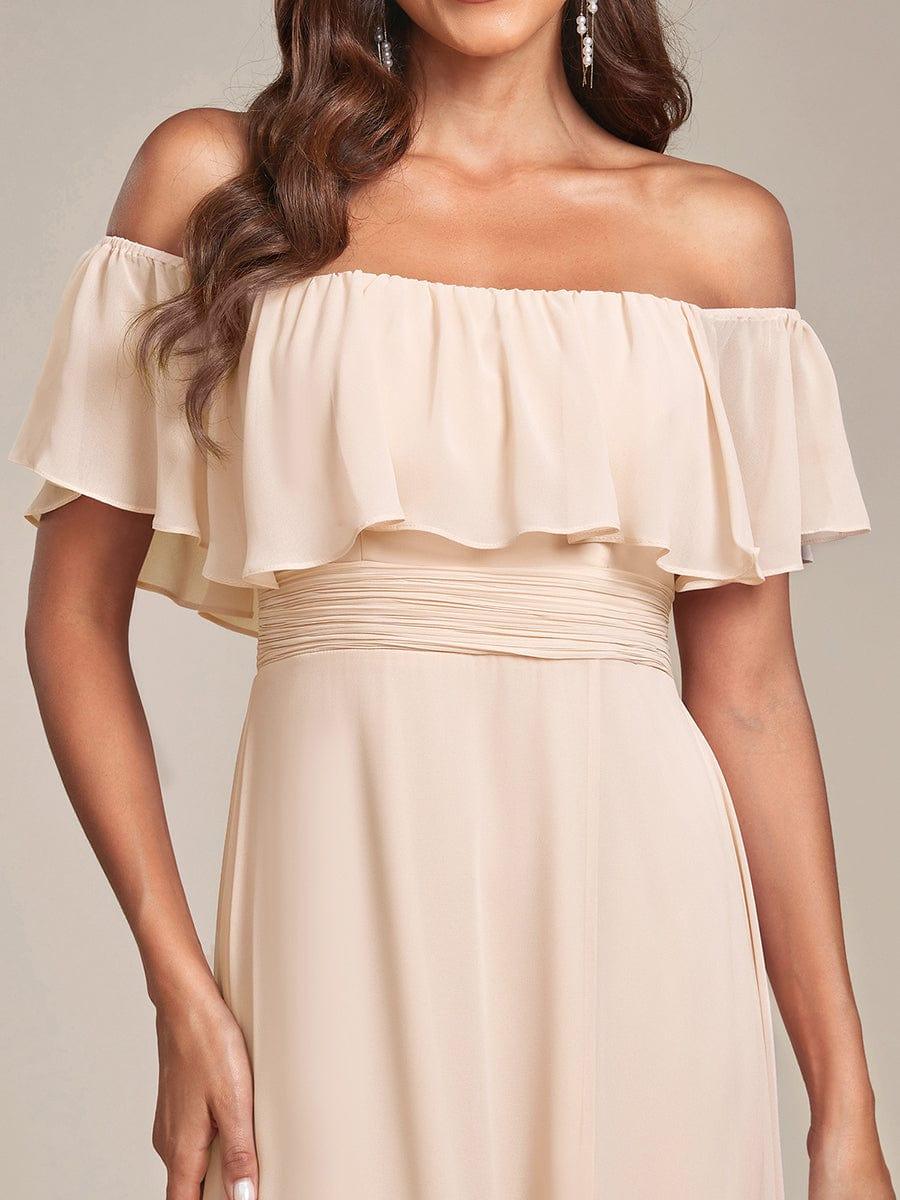 Off the Shoulder Ruffle Bodice Long Flowy Chiffon Bridesmaid Dress #color_Blush