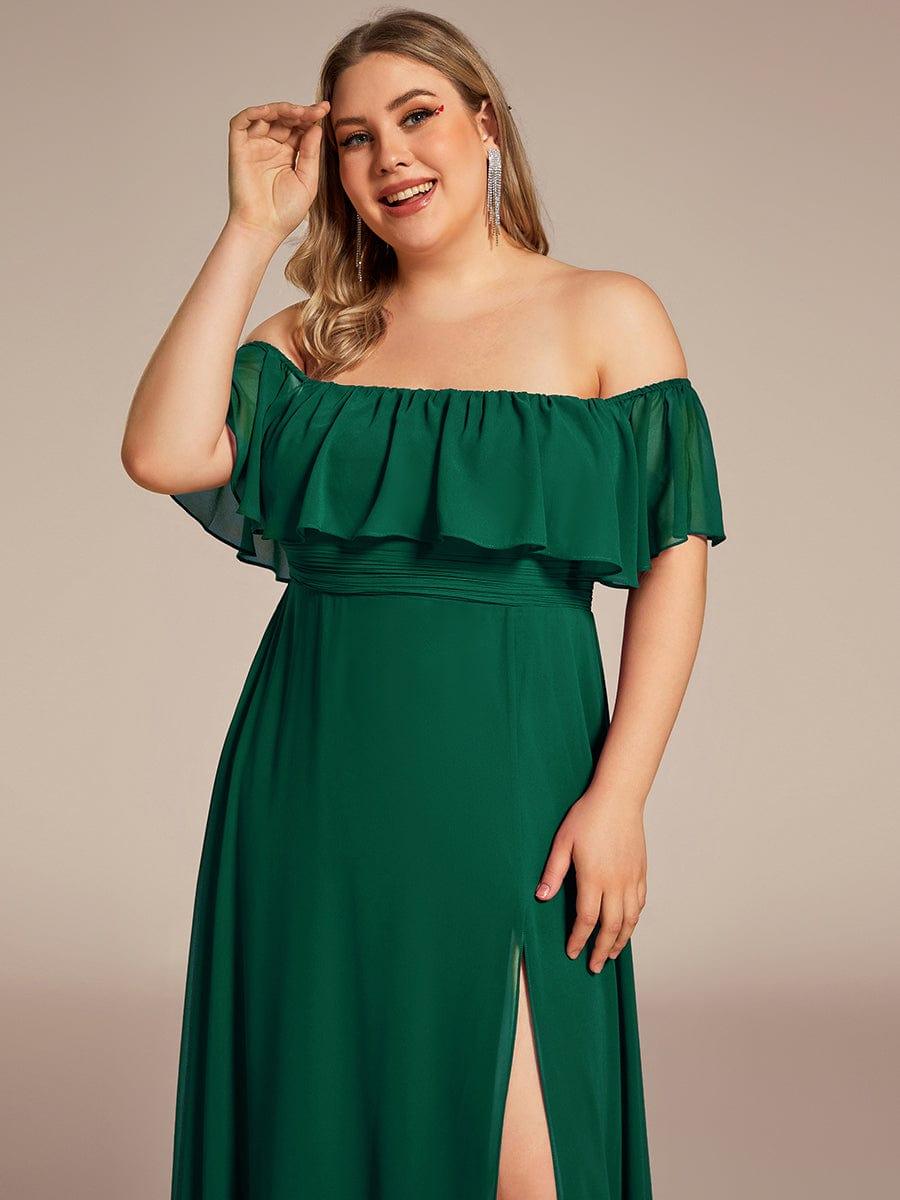 Off the Shoulder Ruffle Bodice Long Flowy Chiffon Bridesmaid Dress #color_Dark Green