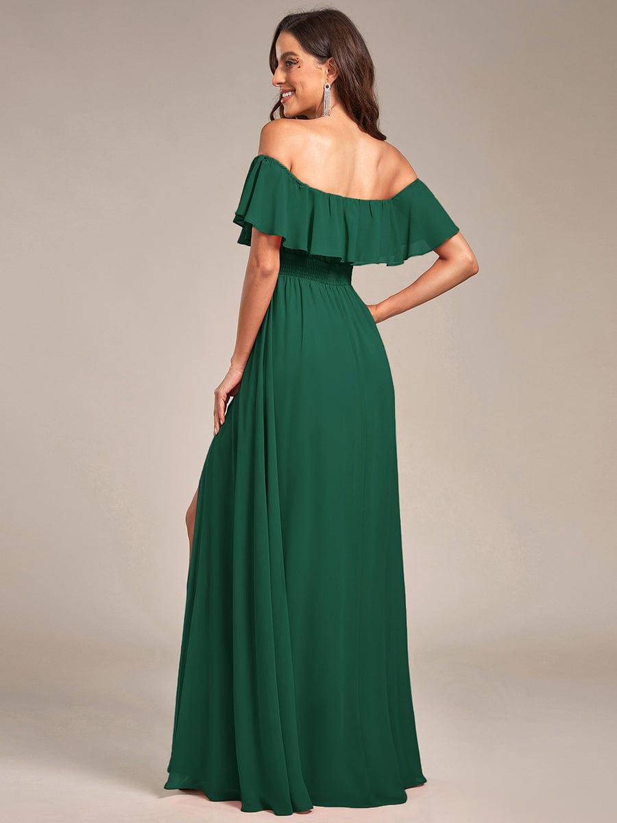 Off the Shoulder Ruffle Bodice Long Flowy Chiffon Bridesmaid Dress #color_Dark Green