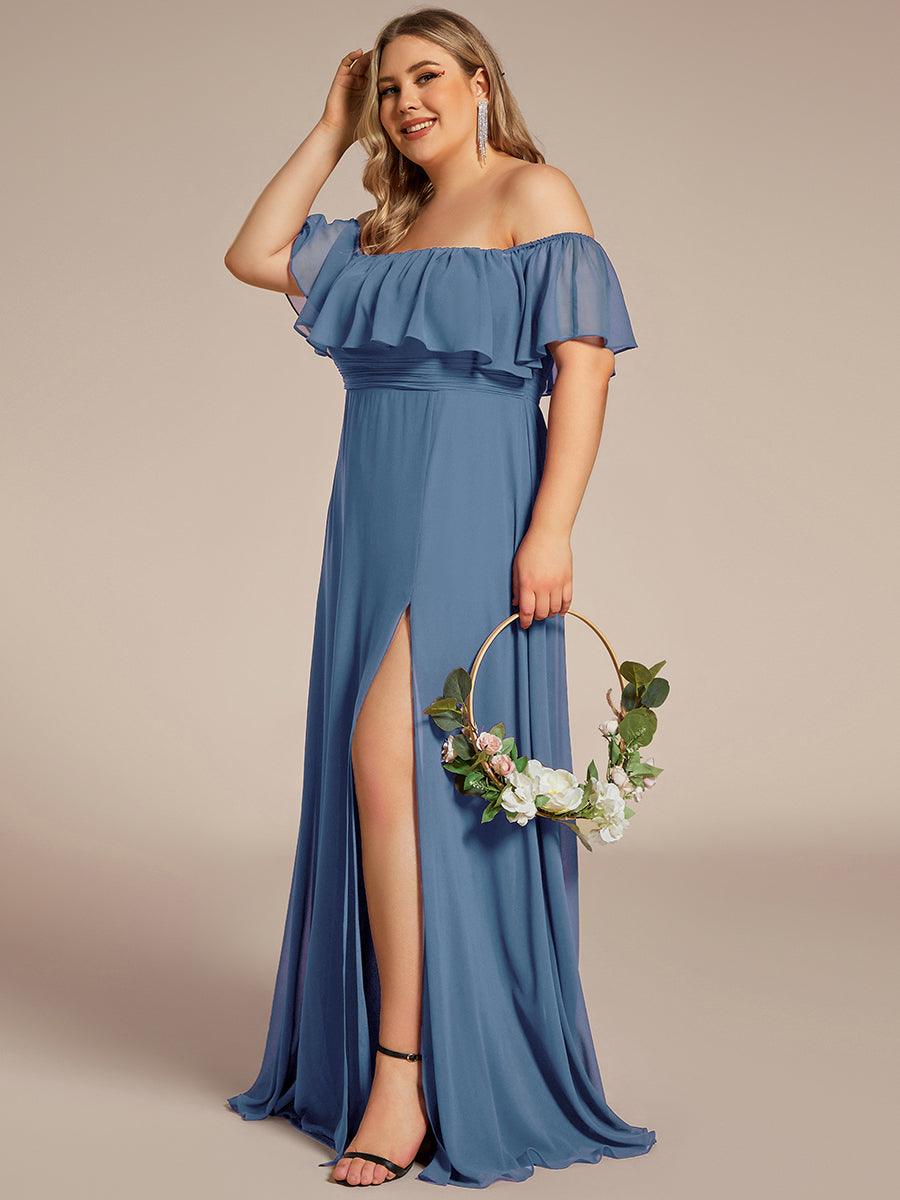 Off the Shoulder Ruffle Bodice Long Flowy Chiffon Bridesmaid Dress #color_Dusty Blue