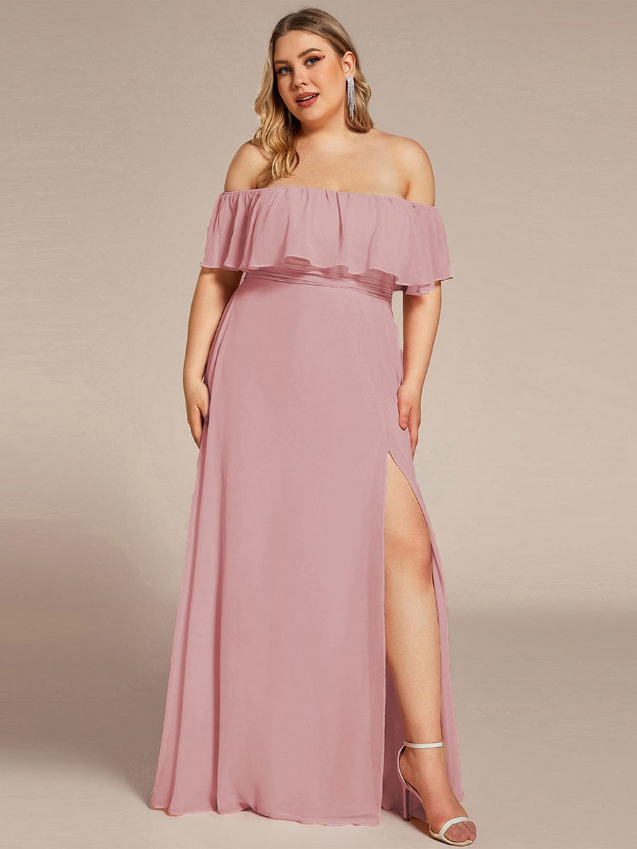 Off the Shoulder Ruffle Bodice Long Flowy Chiffon Bridesmaid Dress #color_Dusty Rose