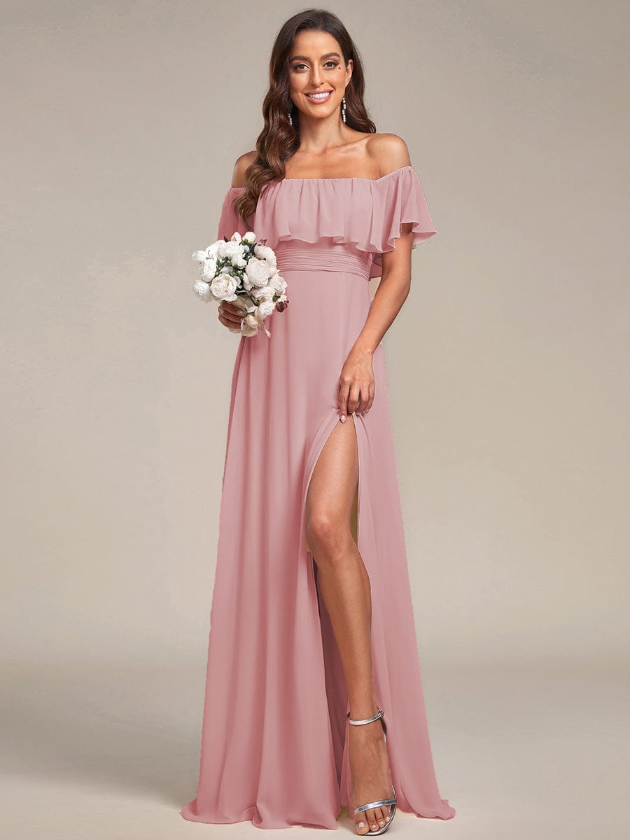 Off the Shoulder Ruffle Bodice Long Flowy Chiffon Bridesmaid Dress #color_Dusty Rose