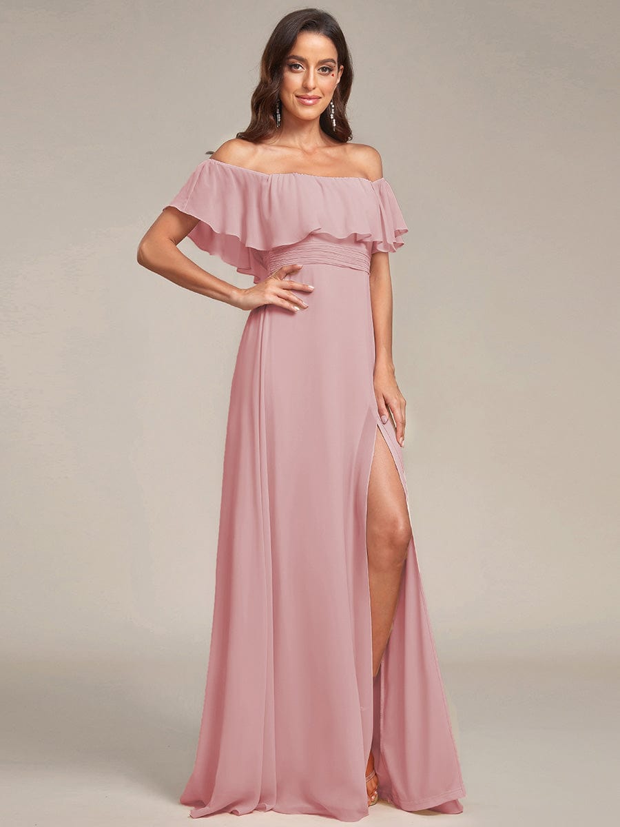 Off the Shoulder Ruffle Bodice Long Flowy Chiffon Bridesmaid Dress #color_Dusty Rose