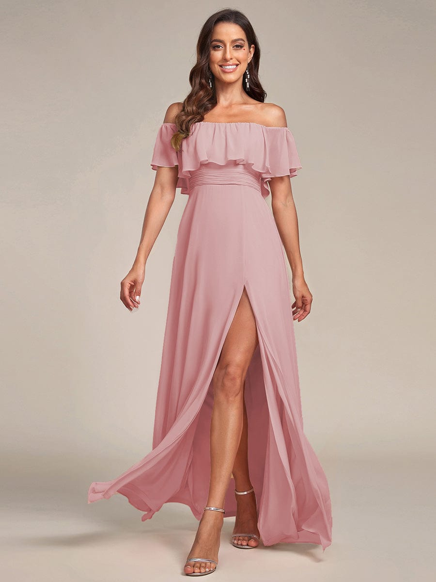 Off the Shoulder Ruffle Bodice Long Flowy Chiffon Bridesmaid Dress #color_Dusty Rose