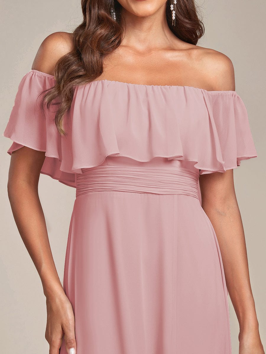 Off the Shoulder Ruffle Bodice Long Flowy Chiffon Bridesmaid Dress #color_Dusty Rose