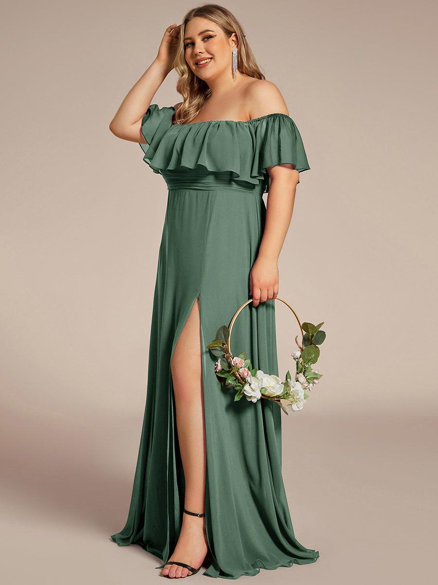 Off the Shoulder Ruffle Bodice Long Flowy Chiffon Bridesmaid Dress #color_Eucalyptus