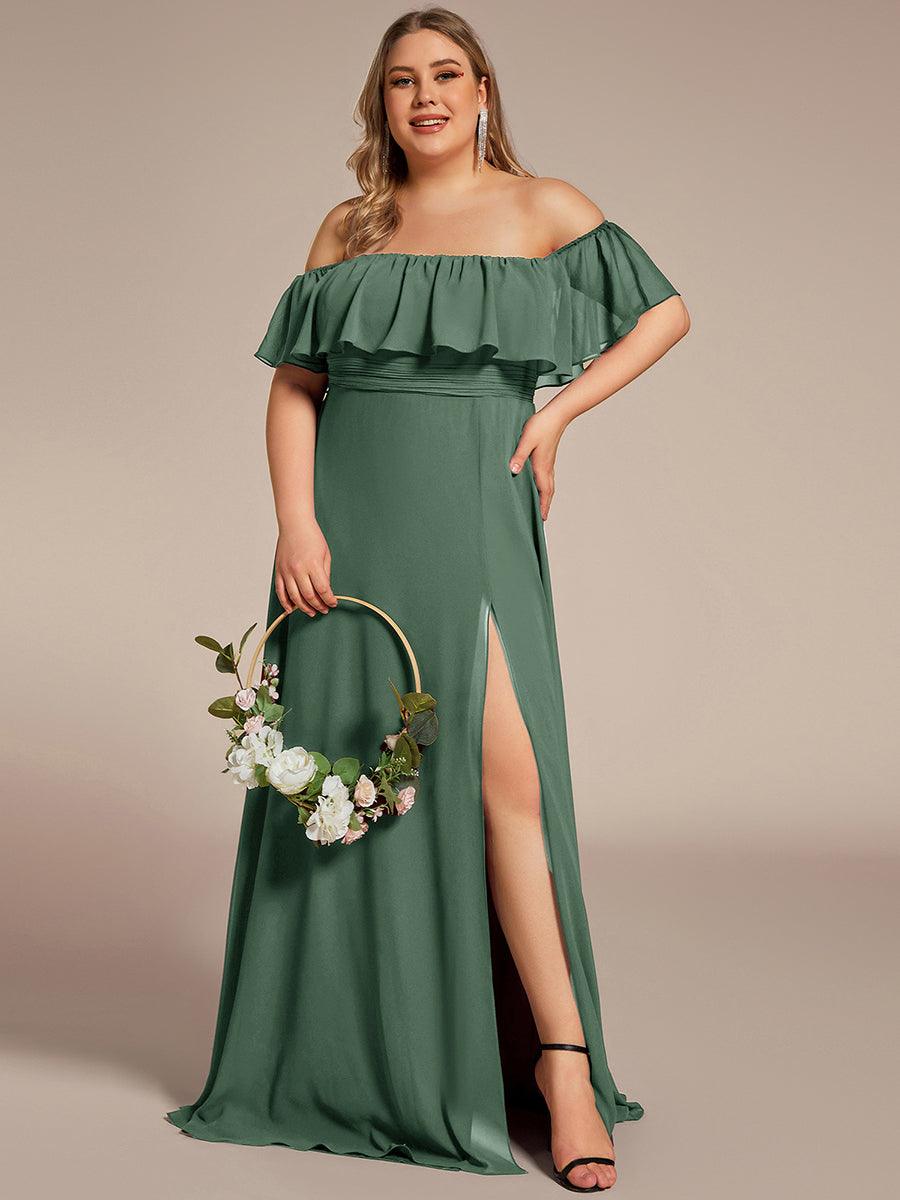 Off the Shoulder Ruffle Bodice Long Flowy Chiffon Bridesmaid Dress #color_Eucalyptus