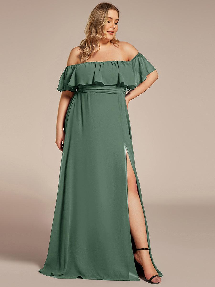 Off the Shoulder Ruffle Bodice Long Flowy Chiffon Bridesmaid Dress #color_Eucalyptus