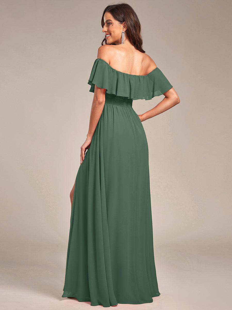 Off the Shoulder Ruffle Bodice Long Flowy Chiffon Bridesmaid Dress #color_Eucalyptus