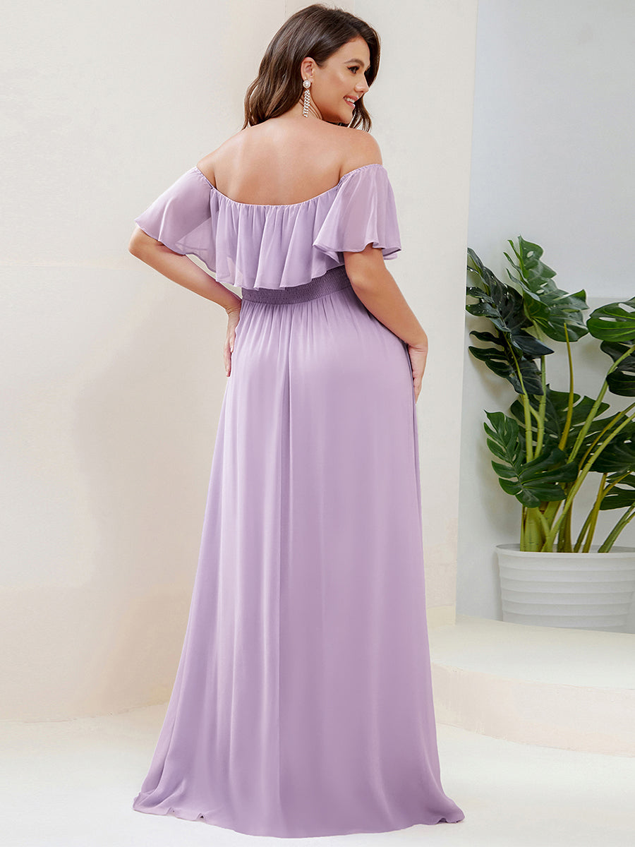 Plus Size Off the Shoulder Formal Bridesmaid Dress with Thigh Split #color_Frosted Lilac