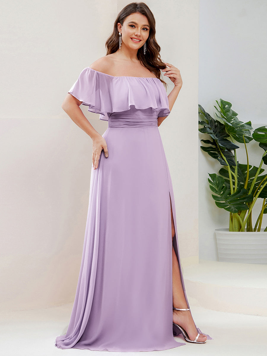 Off the Shoulder Ruffle Bodice Long Flowy Chiffon Bridesmaid Dress #color_Frosted Lilac