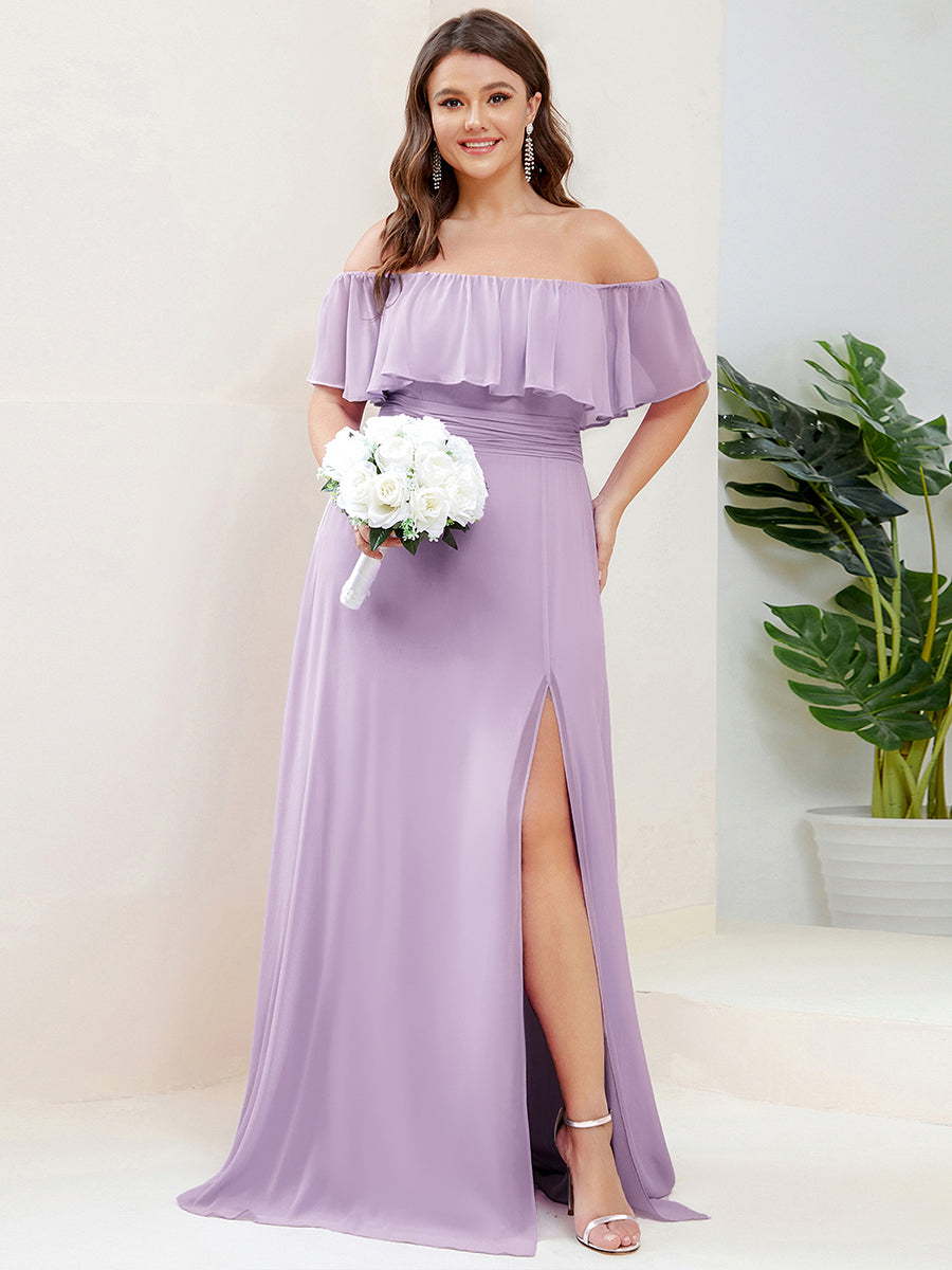 Plus Size Off the Shoulder Formal Bridesmaid Dress with Thigh Split #color_Frosted Lilac