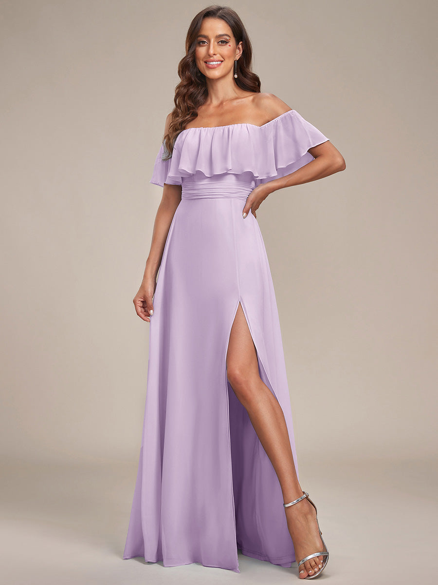 Off the Shoulder Ruffle Bodice Long Flowy Chiffon Bridesmaid Dress #color_Frosted Lilac