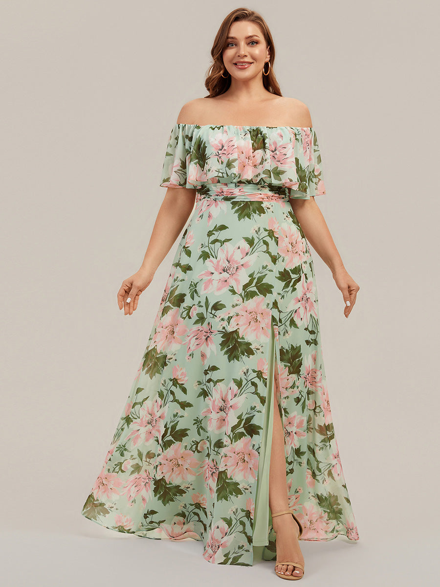 Off the Shoulder Ruffle Bodice Long Flowy Chiffon Bridesmaid Dress #color_Light Green Floral