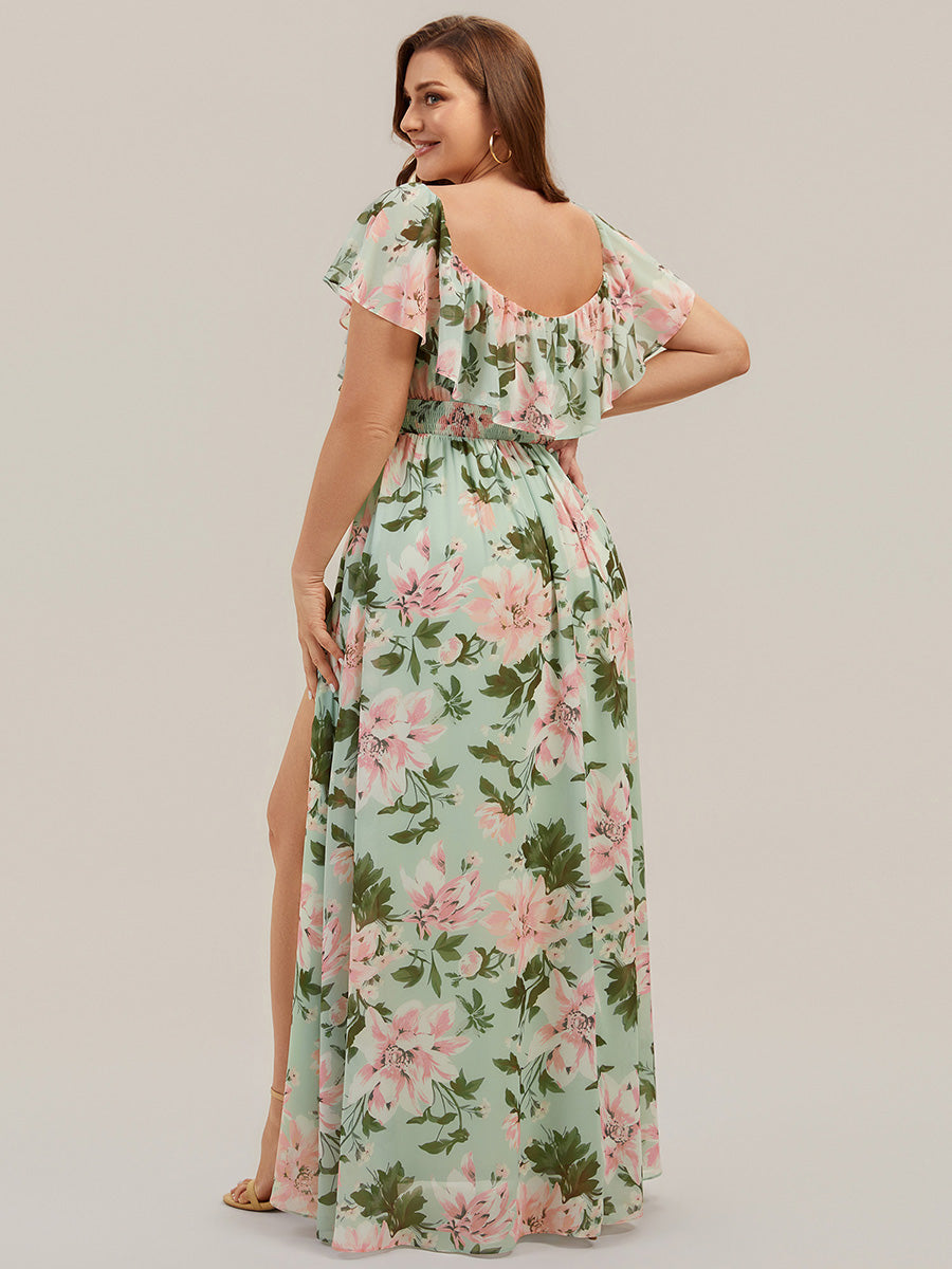 Plus Size Off the Shoulder Formal Bridesmaid Dress with Thigh Split #color_Light Green Floral