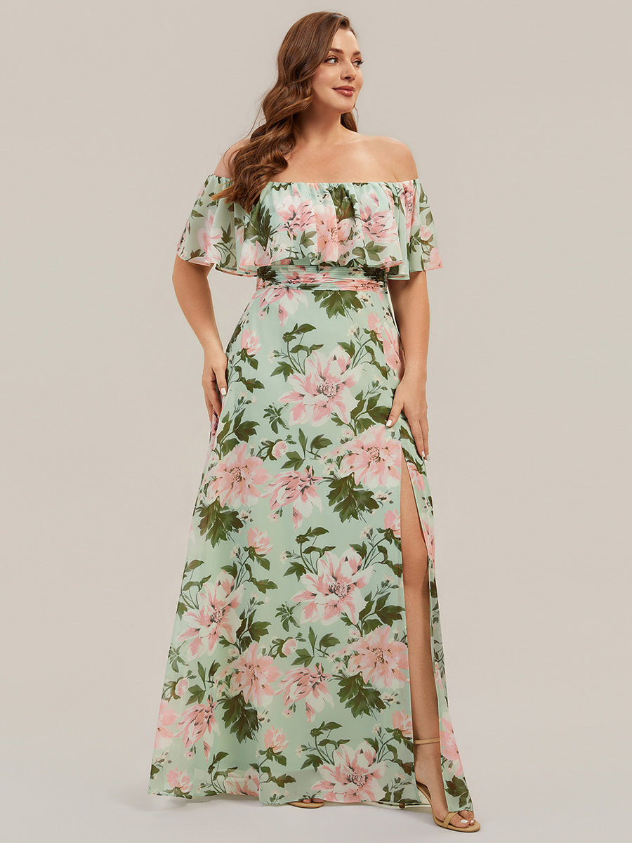 Plus Size Off the Shoulder Formal Bridesmaid Dress with Thigh Split #color_Light Green Floral
