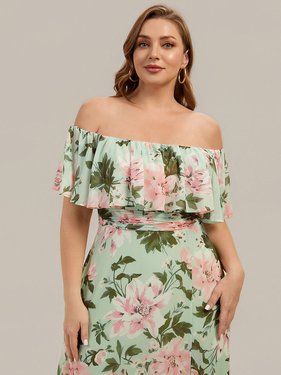 Plus Size Off the Shoulder Formal Bridesmaid Dress with Thigh Split #color_Light Green Floral