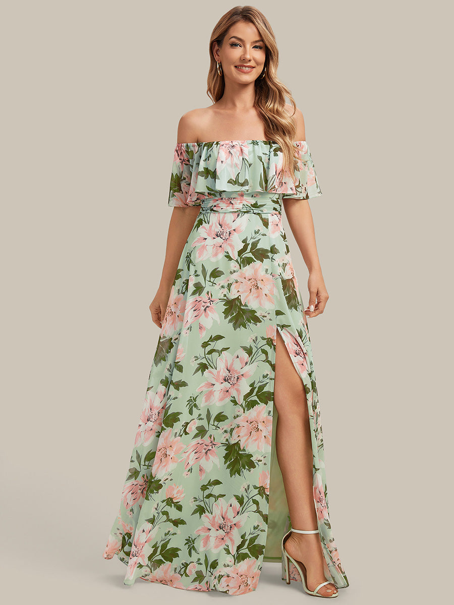 Off the Shoulder Ruffle Bodice Long Flowy Chiffon Bridesmaid Dress #color_Light Green Floral