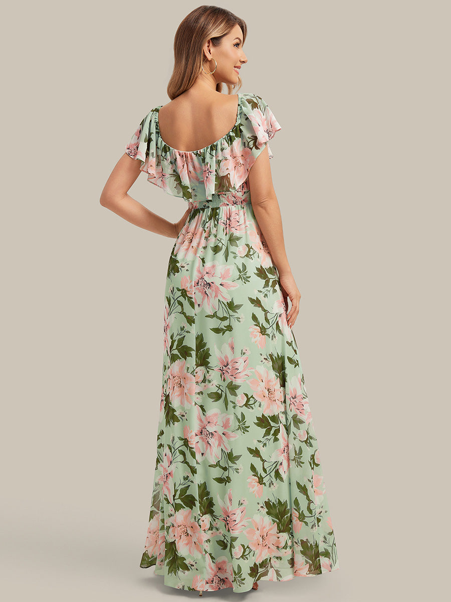 Off the Shoulder Ruffle Bodice Long Flowy Chiffon Bridesmaid Dress #color_Light Green Floral