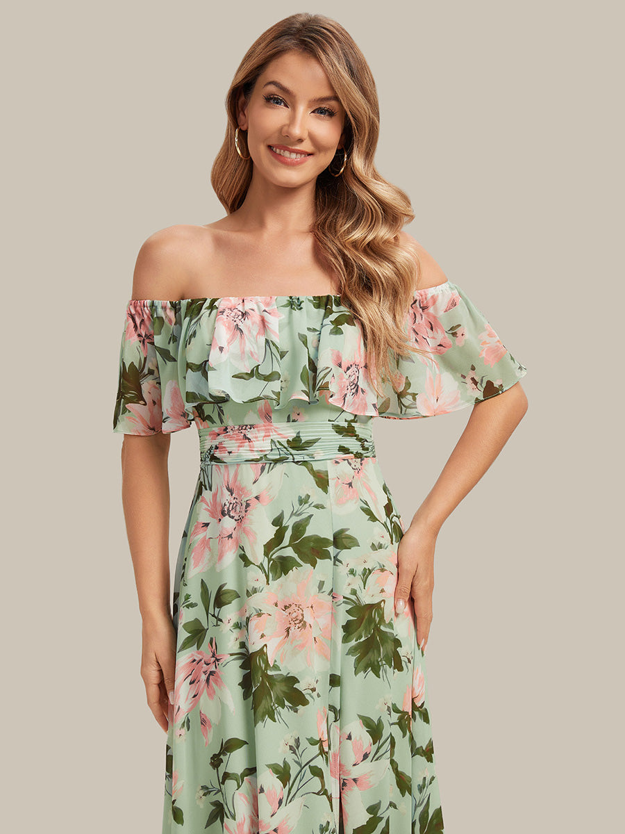 Off the Shoulder Ruffle Bodice Long Flowy Chiffon Bridesmaid Dress #color_Light Green Floral