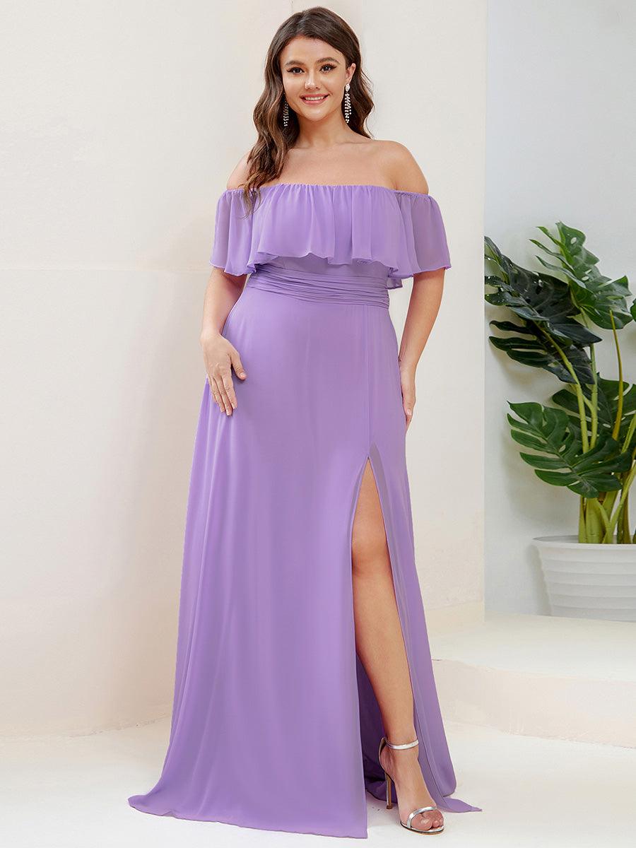 Off the Shoulder Ruffle Bodice Long Flowy Chiffon Bridesmaid Dress #color_Lavender