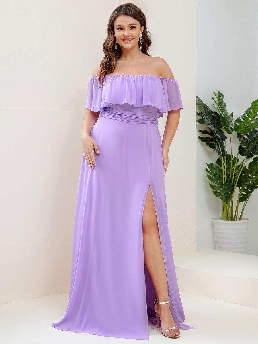Plus Size Off the Shoulder Formal Bridesmaid Dress with Thigh Split #color_Lavender