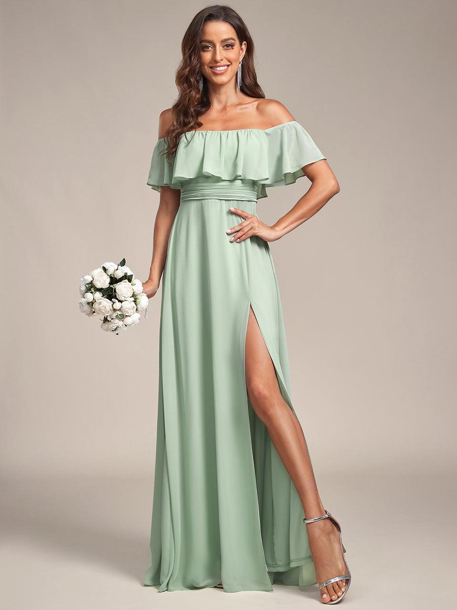 Off the Shoulder Ruffle Bodice Long Flowy Chiffon Bridesmaid Dress #color_Mint Green