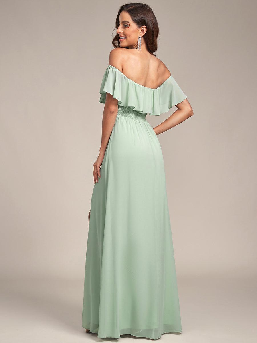 Off the Shoulder Ruffle Bodice Long Flowy Chiffon Bridesmaid Dress #color_Mint Green