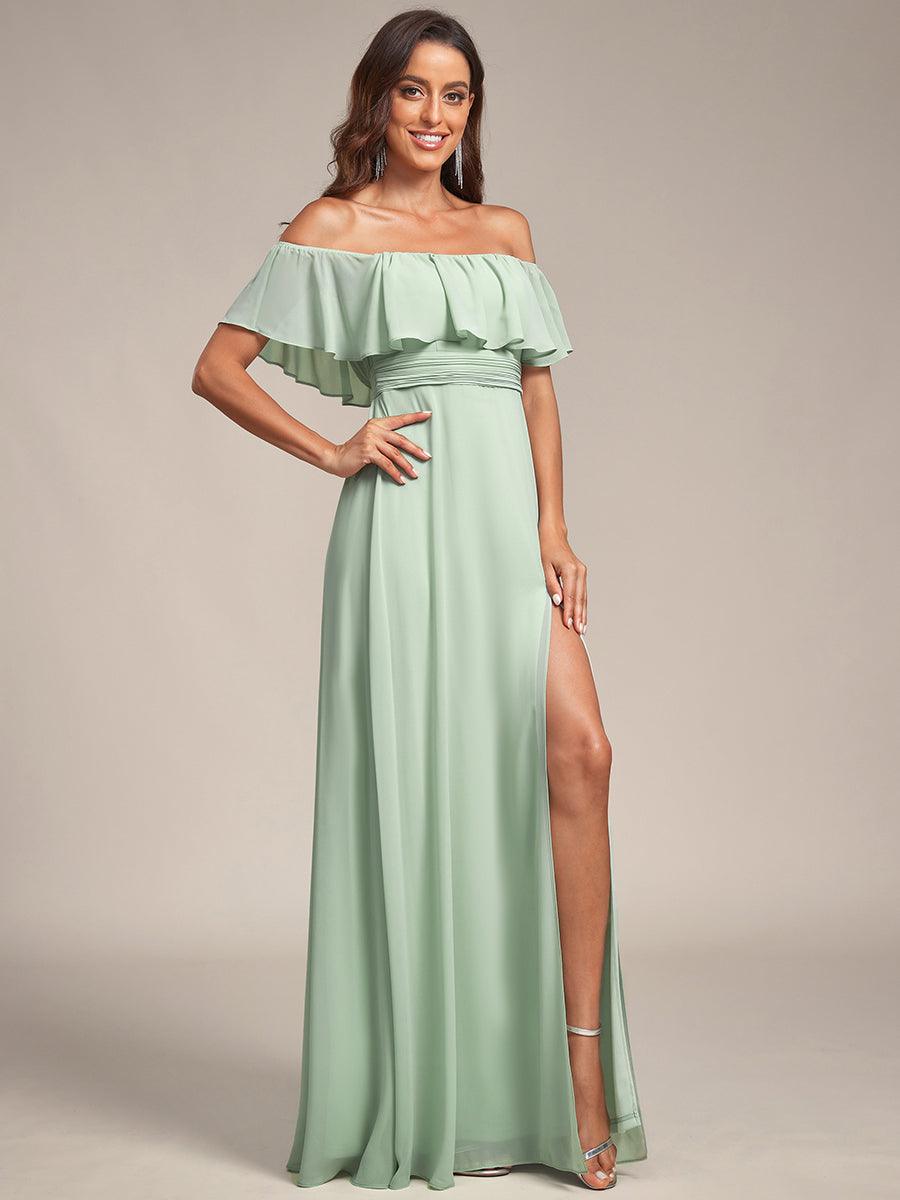 Off the Shoulder Ruffle Bodice Long Flowy Chiffon Bridesmaid Dress #color_Mint Green