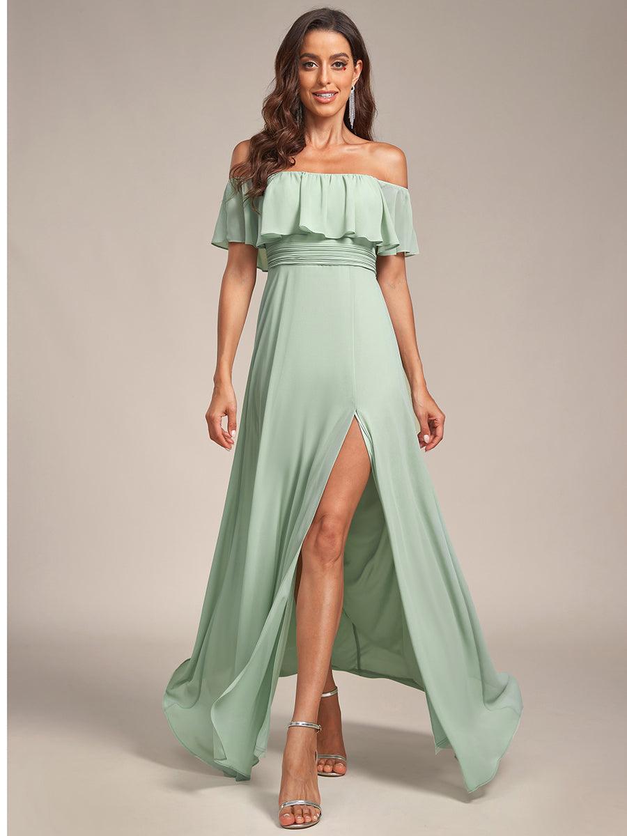 Off the Shoulder Ruffle Bodice Long Flowy Chiffon Bridesmaid Dress #color_Mint Green