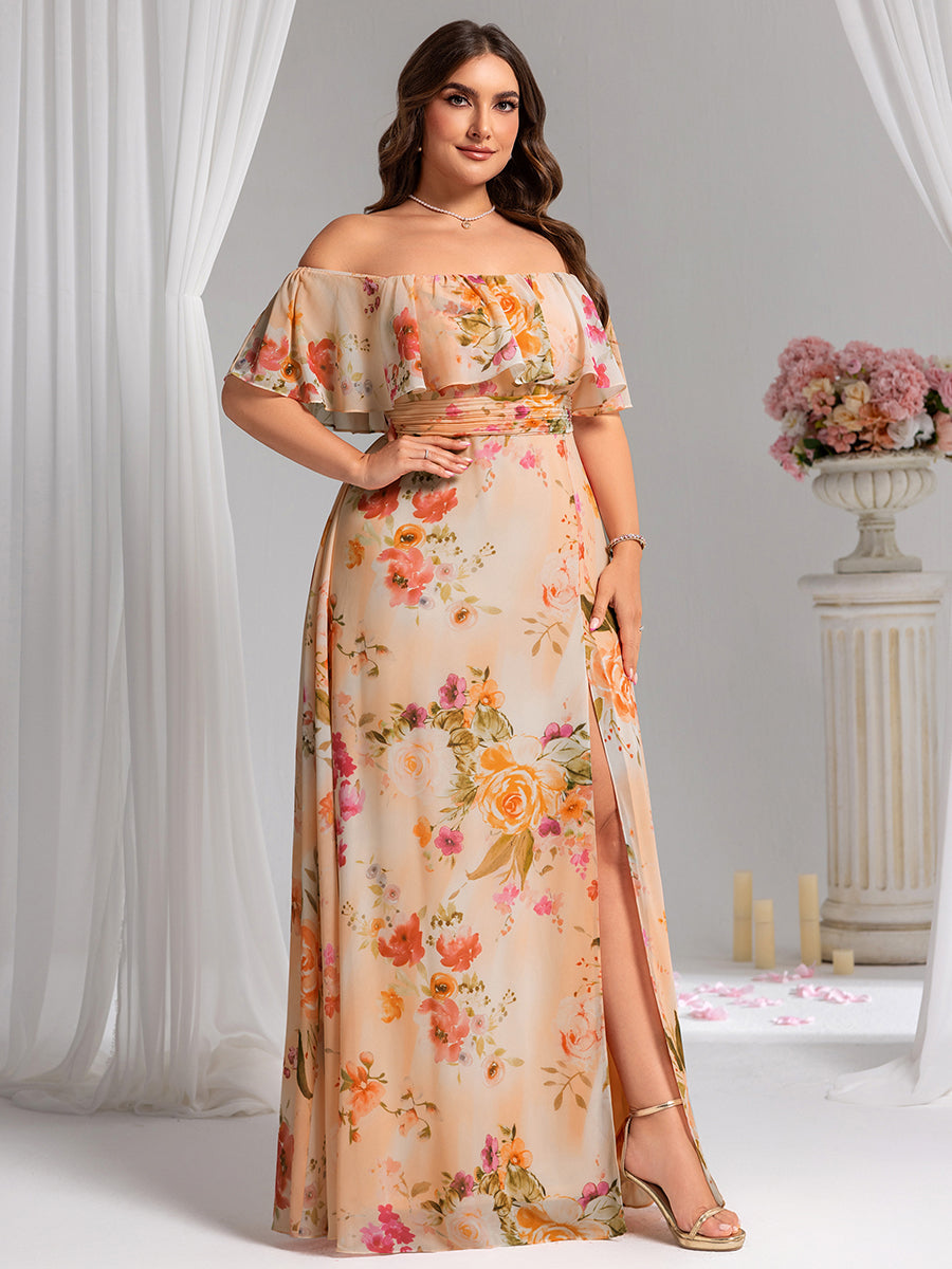 Plus Size Off the Shoulder Formal Bridesmaid Dress with Thigh Split #color_Peach Fuzz