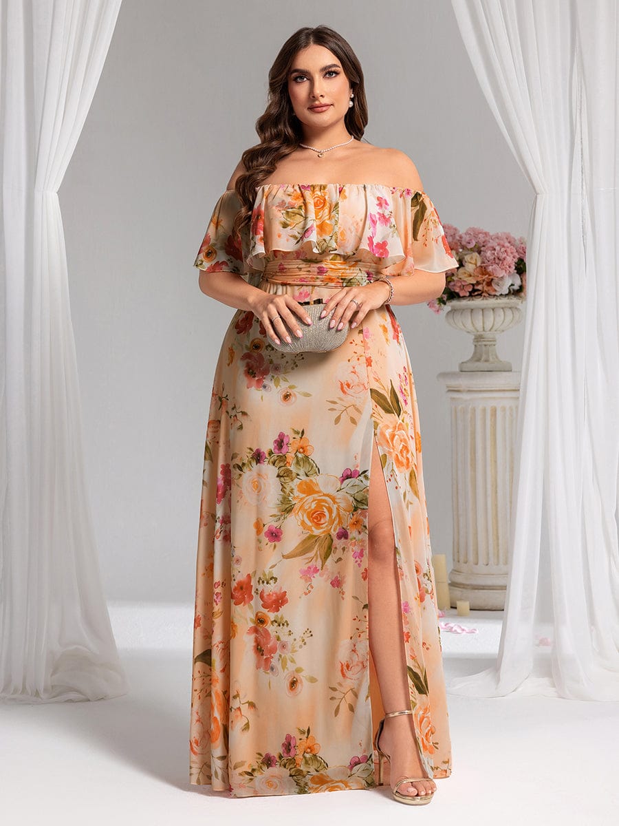 Off the Shoulder Ruffle Bodice Long Flowy Chiffon Bridesmaid Dress #color_Peach Fuzz