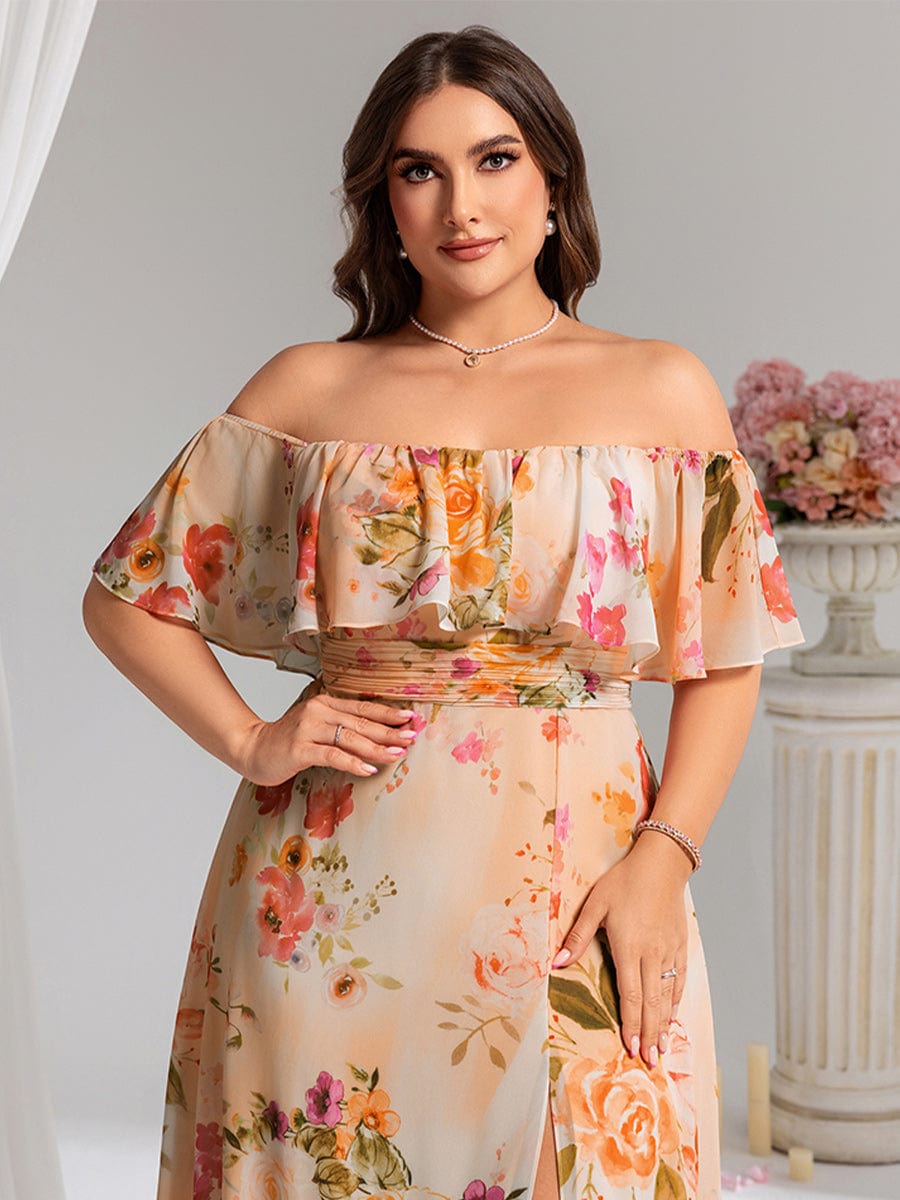 Off the Shoulder Ruffle Bodice Long Flowy Chiffon Bridesmaid Dress #color_Peach Fuzz