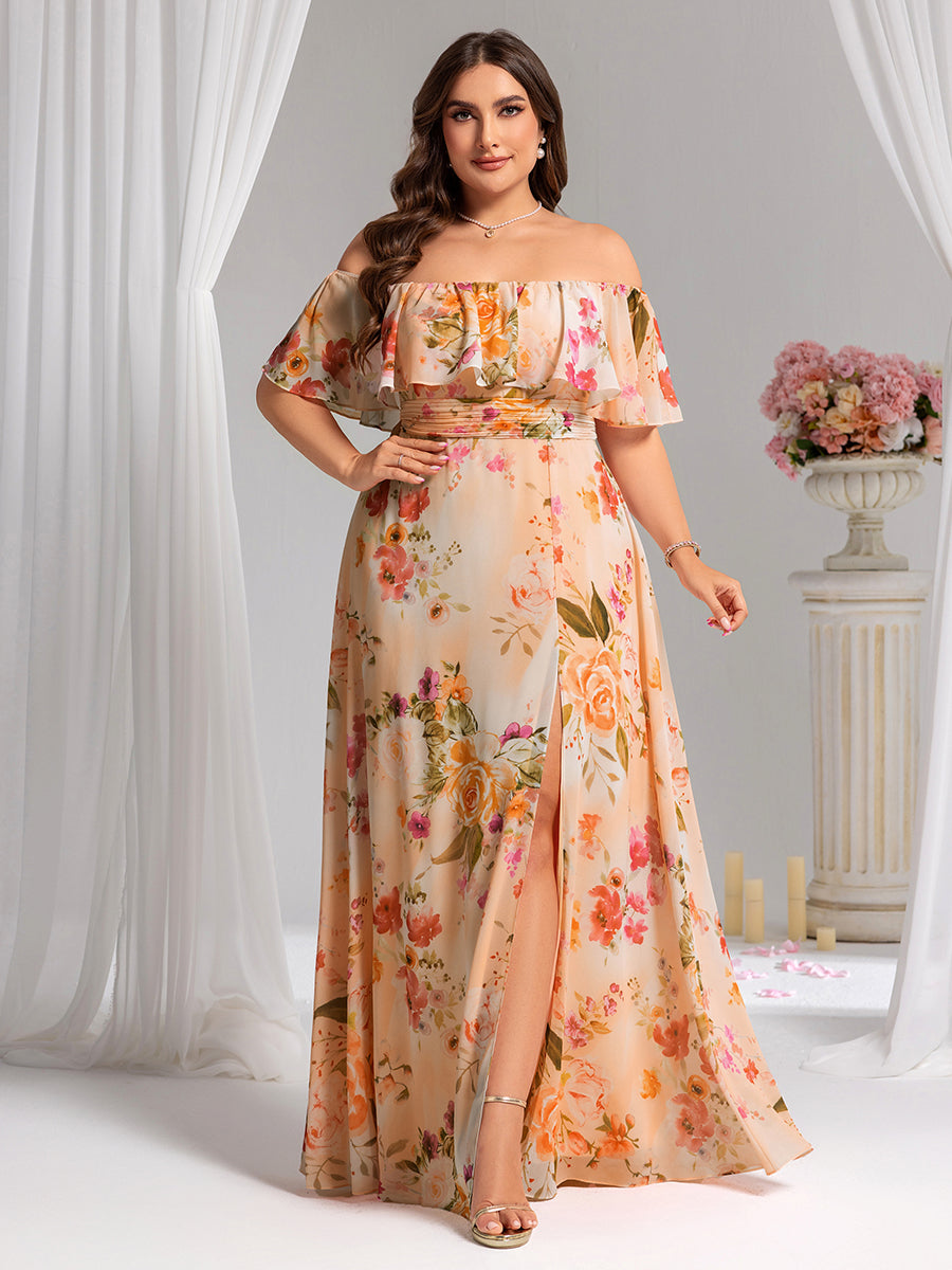 Plus Size Off the Shoulder Formal Bridesmaid Dress with Thigh Split #color_Peach Fuzz