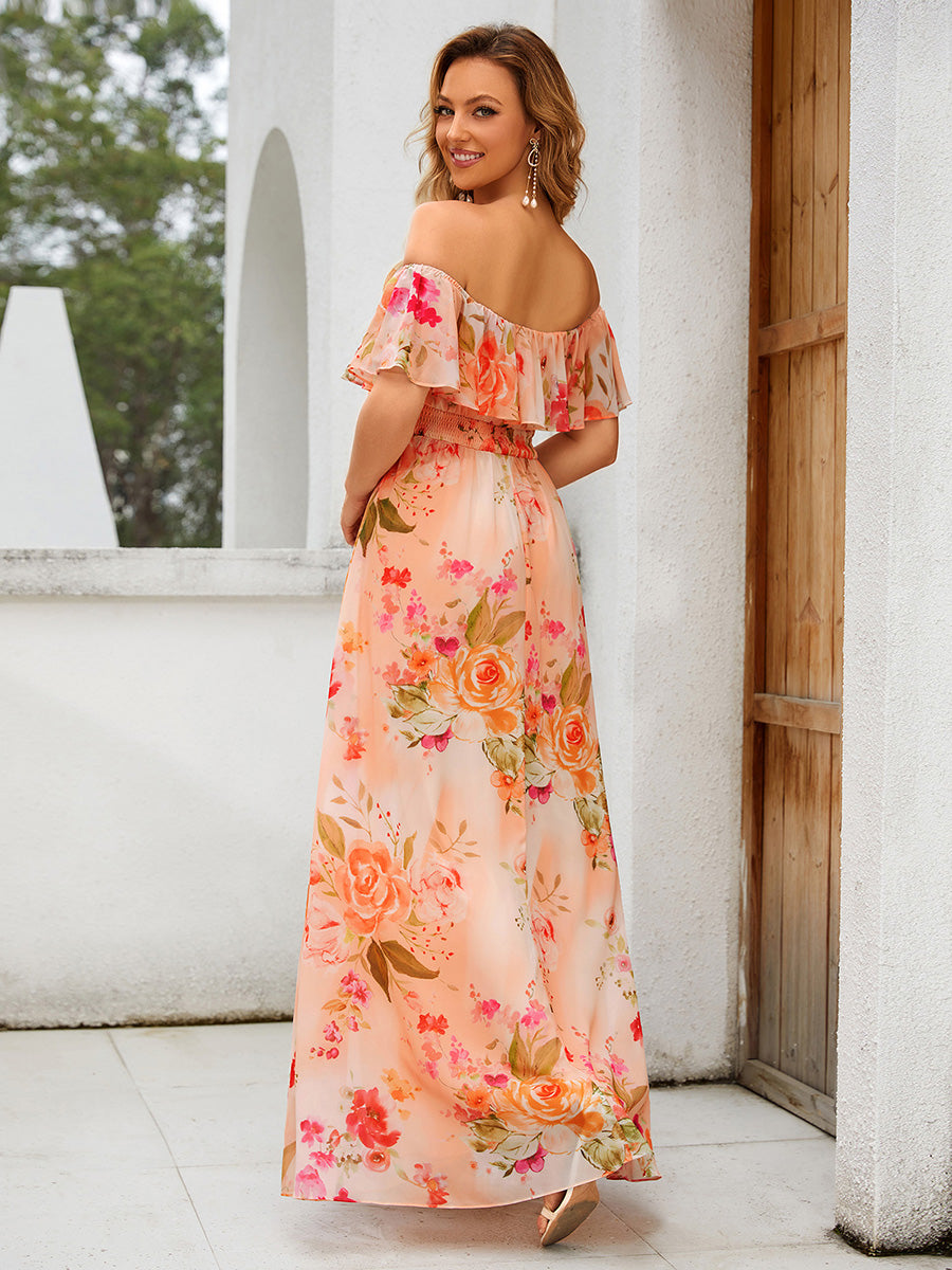 Off the Shoulder Ruffle Bodice Long Flowy Chiffon Bridesmaid Dress #color_Peach Fuzz