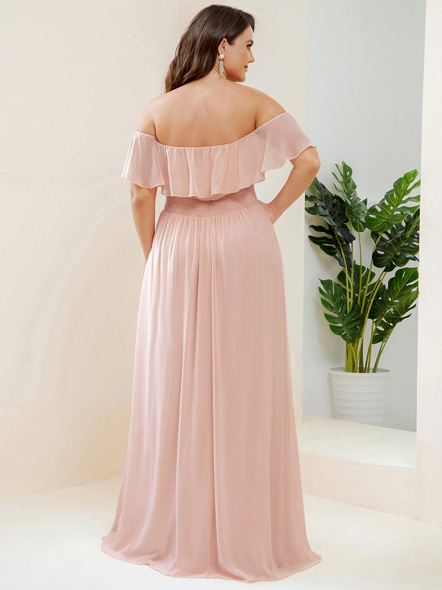 Off the Shoulder Ruffle Bodice Long Flowy Chiffon Bridesmaid Dress #color_Pink