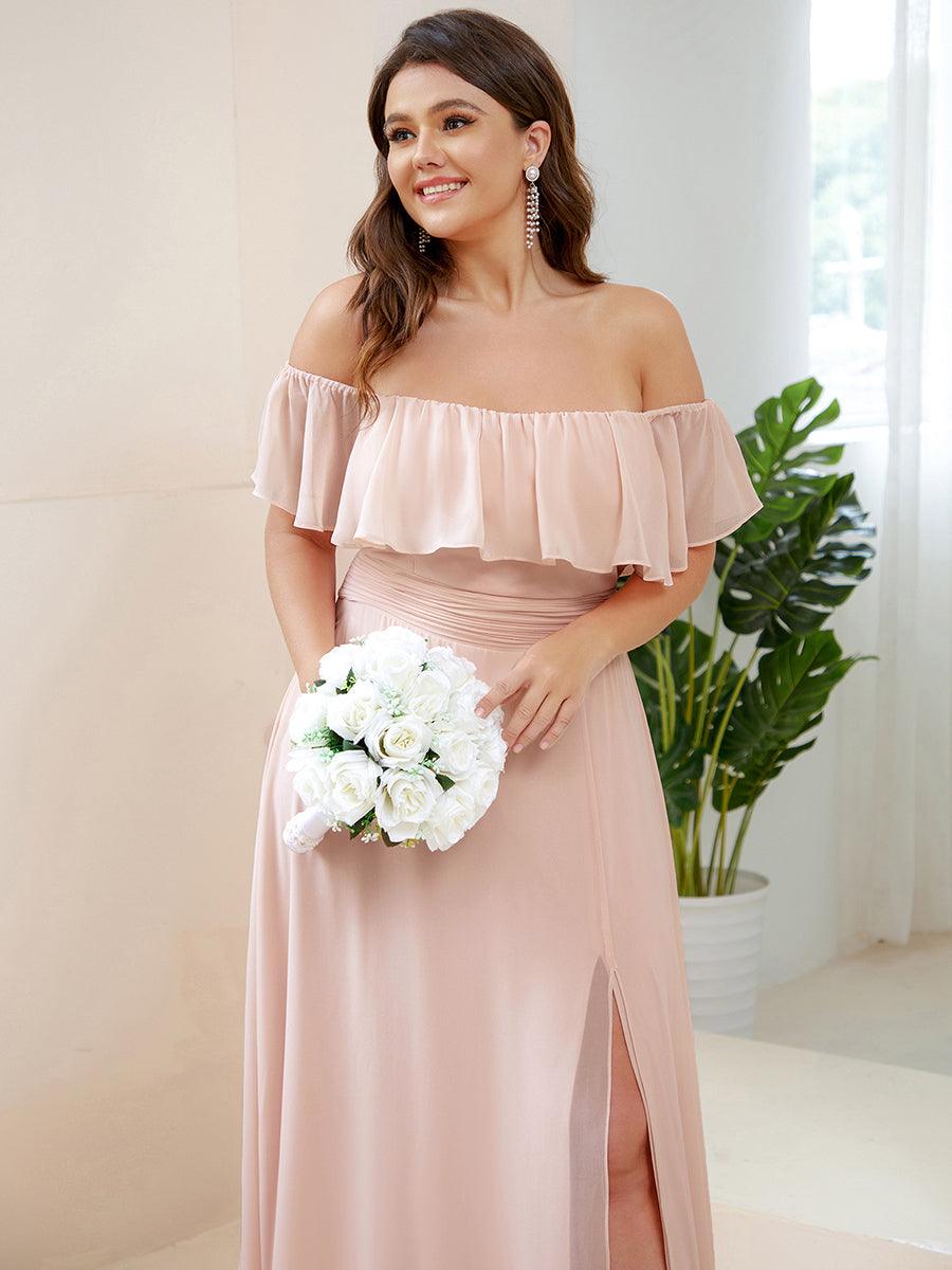 Off the Shoulder Ruffle Bodice Long Flowy Chiffon Bridesmaid Dress #color_Pink