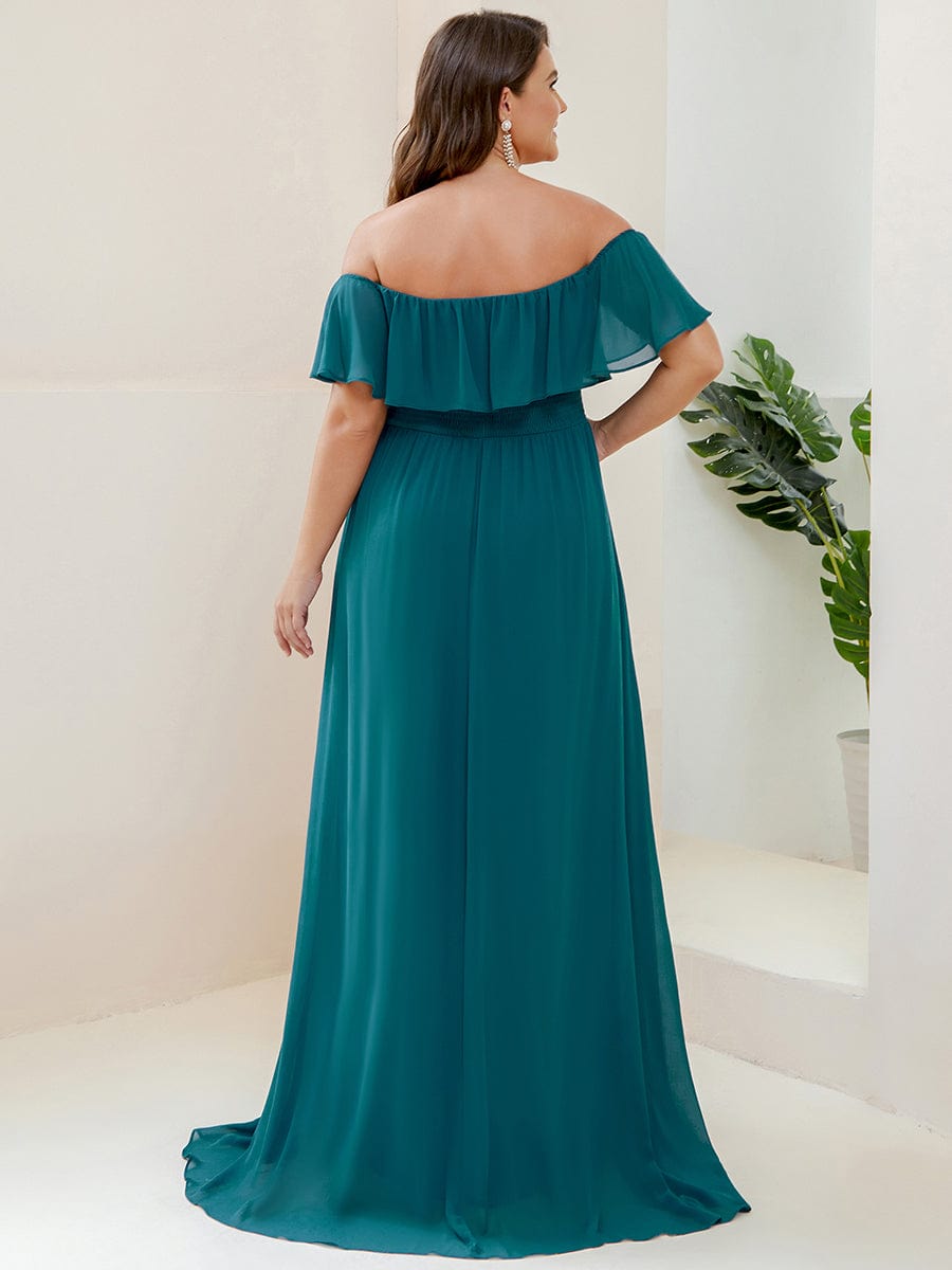 Off the Shoulder Ruffle Bodice Long Flowy Chiffon Bridesmaid Dress #color_Teal